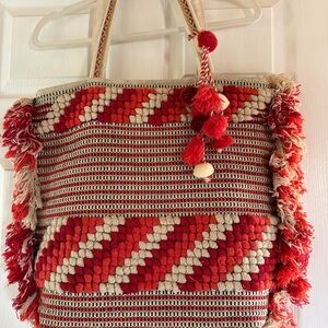 America & Beyond Woven Red & Cream Fringe Large Tote Bag